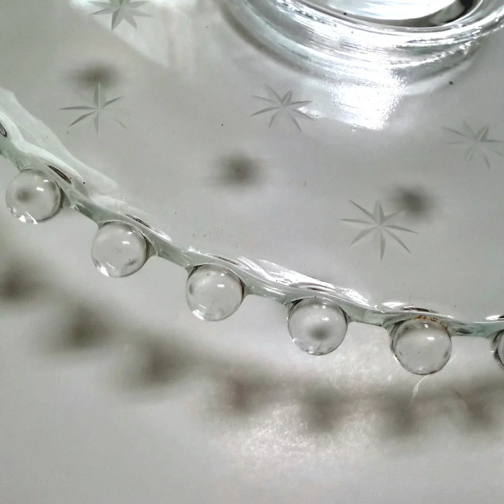 Vintage Clear Glass Cake Stand Hobnail Beaded Rim Etched Starburst 8.25 Inch